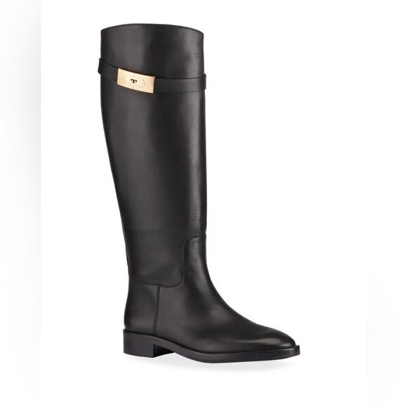 NWOB Tory Burch Calf Leather T-Hardware Tall Riding Boots in Perfect Black sz 6 - Picture 1 of 15